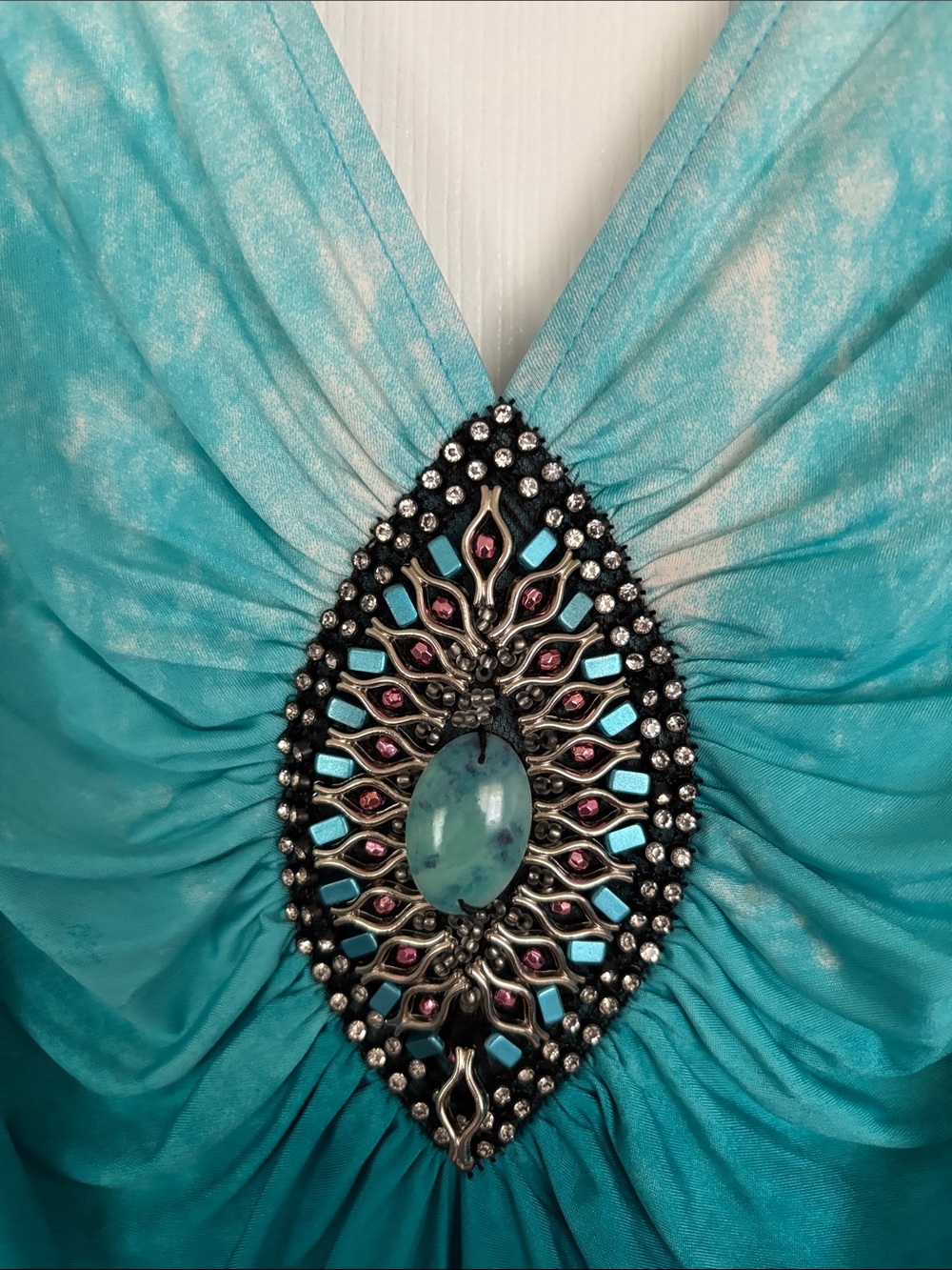 VENUS Turquoise V-Neck Top with Ornate Jeweled Medallion - Picture 2 of 5